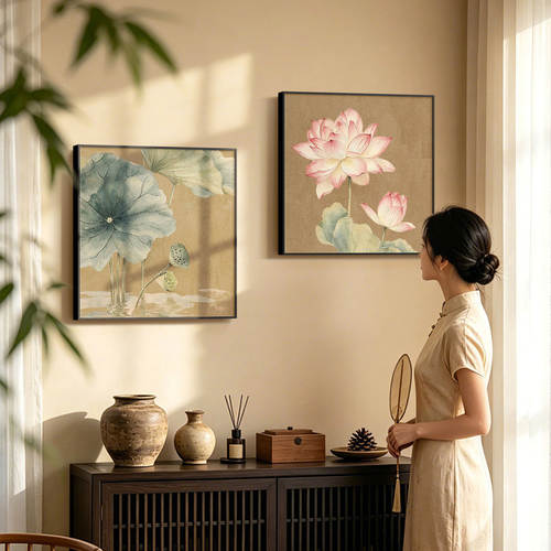 宋代美学餐厅装饰画荷花方形卧室