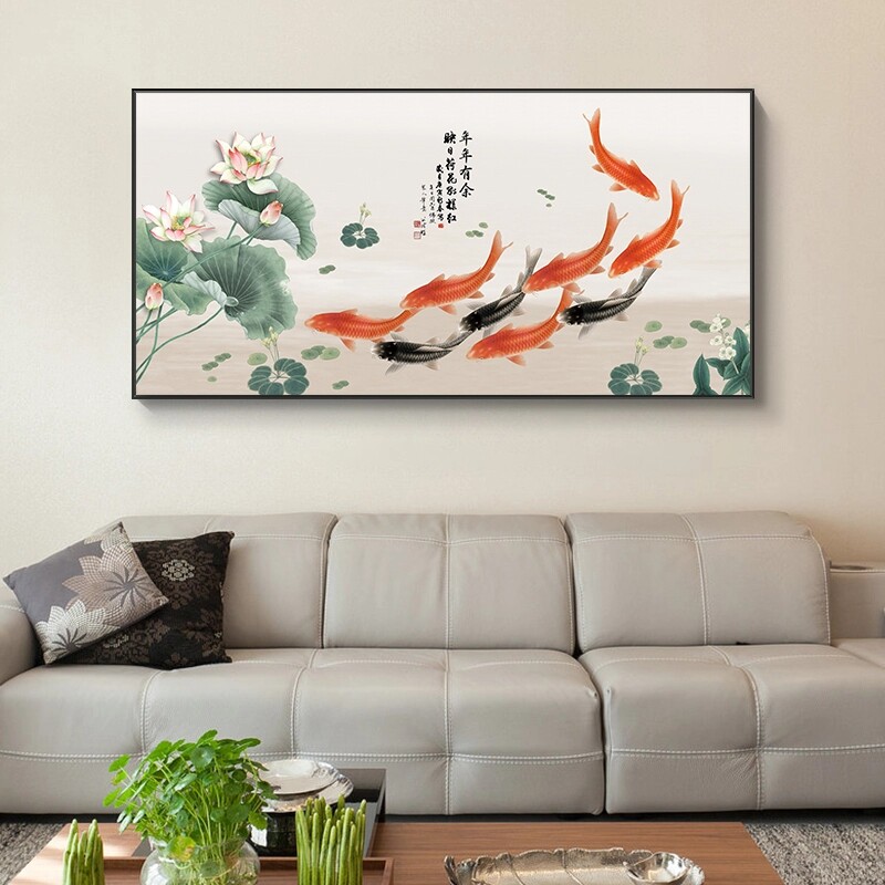 새로운 중국 스타일 소파 배경 벽 장식 그림 거실 벽화 레스토랑 연꽃 9 물고기 그림 포춘 풍수 매달려 그림
