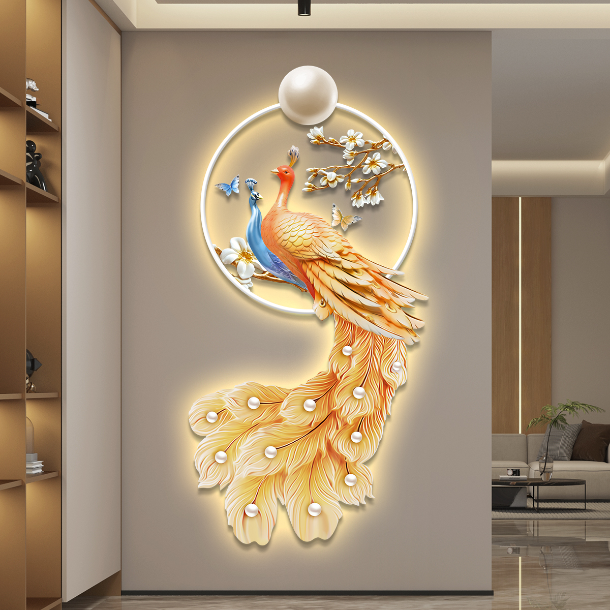 孔雀led带灯入户玄关装饰画走廊过道挂画壁画简约现代高级感大气图片