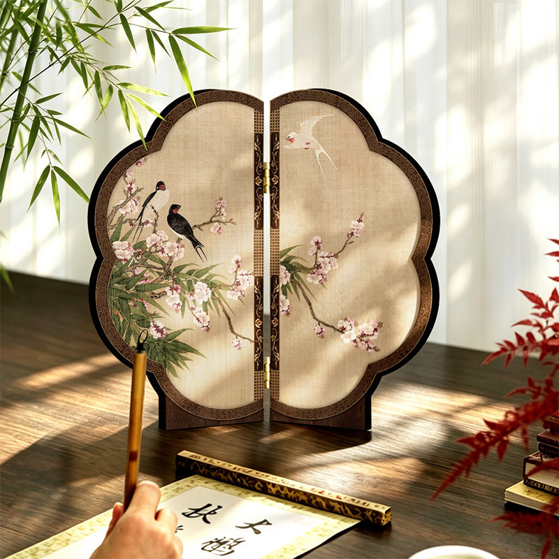 宋代美学花鸟茶室摆件新中式玄关斗柜小屏风中古风客厅桌面装饰画