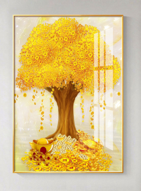 现代简约玄关装饰画轻奢入户正对墙面壁画走廊过道发财摇钱树挂画