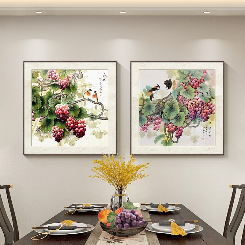 新中式禅意餐厅装饰画紫气东来葡萄客厅挂画餐桌背景墙面水果壁画图片
