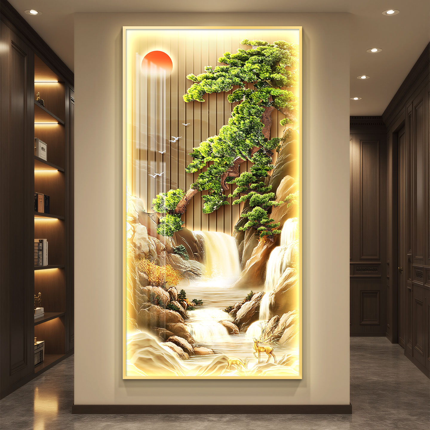 奶油风九鱼图玄关灯光装饰画