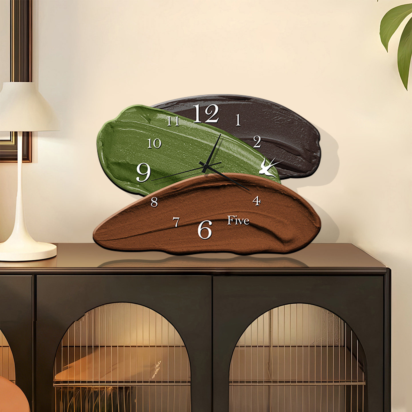 中古桌面钟表摆件绿色复古客厅挂钟抽象艺术高级静音摆台式时钟画