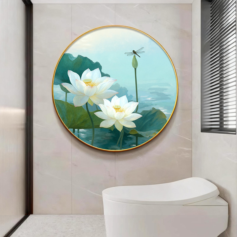现代简约荷花卫生间装饰画圆形莲花客厅墙壁画玄关柜餐厅厕所挂画图片