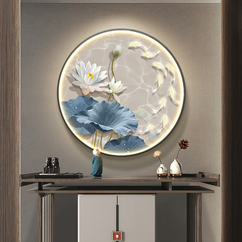 现代简约九鱼图玄关装饰画客厅入户门荷花壁灯画走廊过道圆形挂画 - 封面