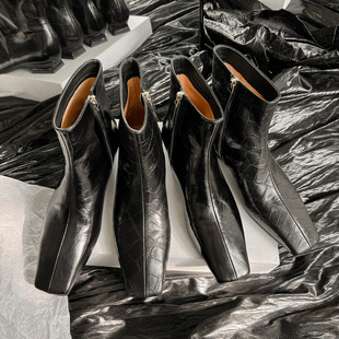 ANN复古方头靴子女2023秋季 小众洋气低跟短靴鳄鱼纹切尔西靴 新款