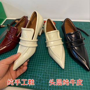 纯手工真皮春季新款尖头粗跟真皮立体女巫单鞋油腊皮中跟深口女鞋