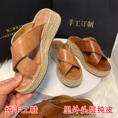 真皮厚底舒适复古女夏凉拖鞋