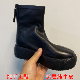 欧美复古黑色真皮短靴女瘦瘦靴松糕厚底增高防水台高跟百搭马丁靴