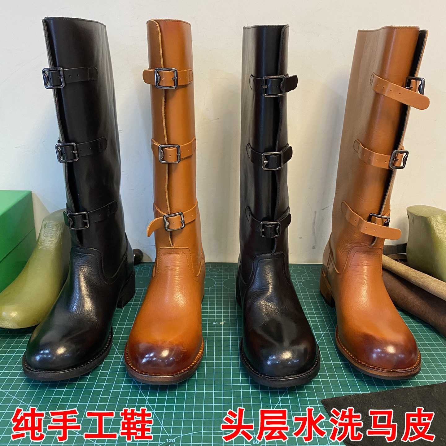 真皮大底复古风头层水洗马皮女靴冬季皮带扣骑士靴机车靴中跟长靴
