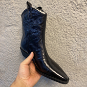 羊皮毛一体纯羊毛加厚雪地靴女真皮粗跟v口尖头短靴女西部牛仔靴