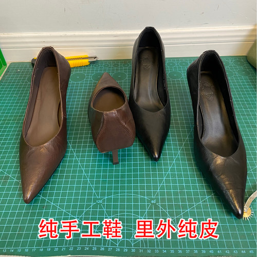 高跟鞋羊皮尖头单鞋高跟法式复古
