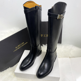秋冬新款英伦风金属皮带锁扣不过膝高筒长靴黑色骑士靴粗跟皮靴子
