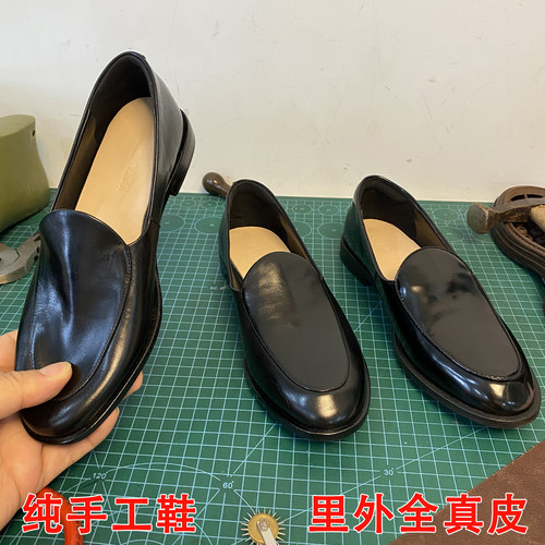 手工真皮老钱风低跟乐福女鞋
