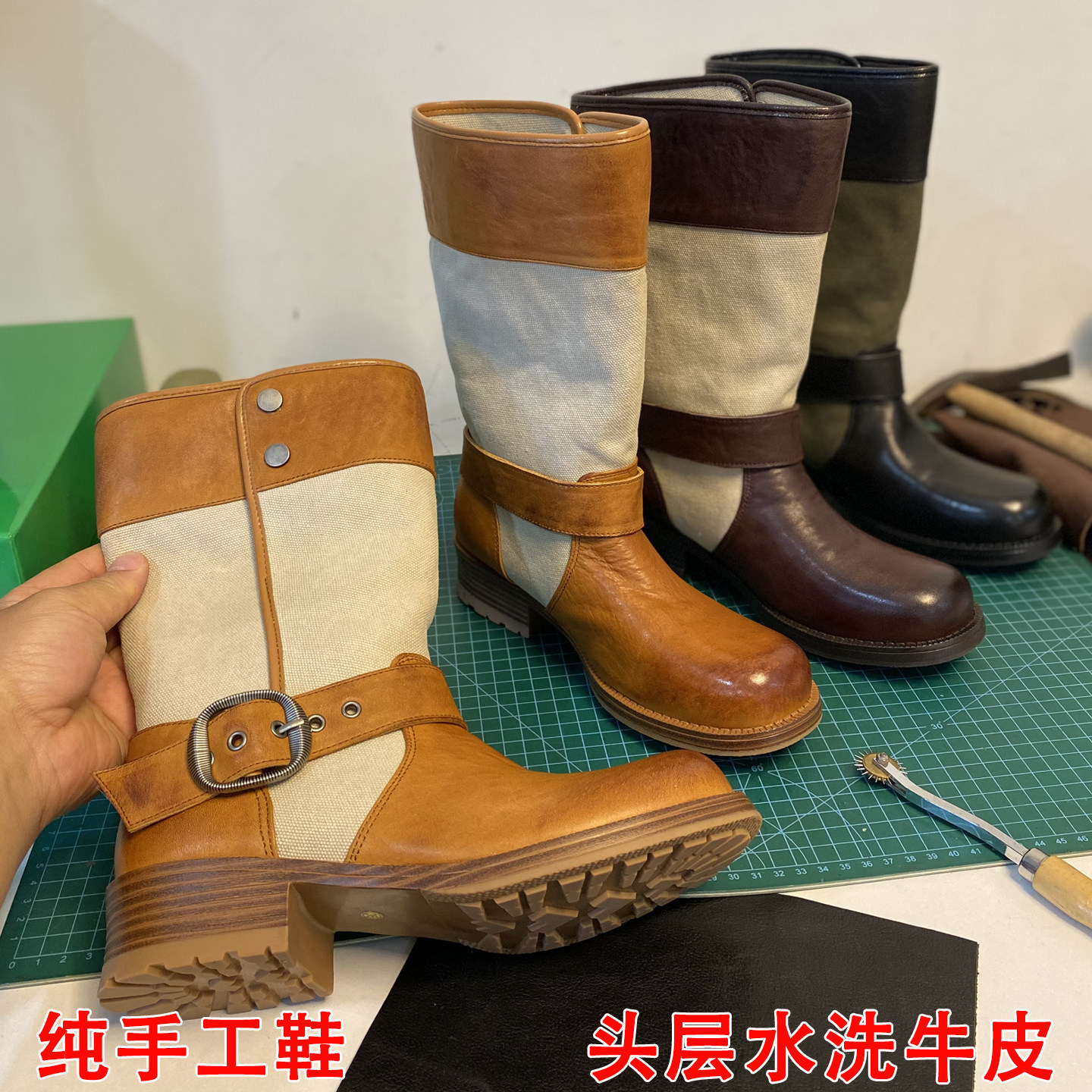 重工水洗牛皮带扣西部牛仔靴女帆布拼色粗跟真皮中筒靴百搭机车靴