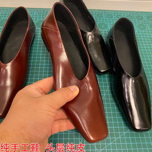 手工马皮新款欧洲站真皮平底乐福鞋一脚蹬方头复古奶奶小皮鞋春夏