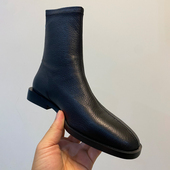 手工真皮英伦风后拉链方头短筒靴羊皮软皮粗跟平底瘦瘦靴马丁靴女