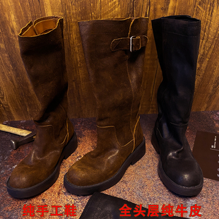 手工真皮美拉德风中跟骑士靴女中古厚底西部牛仔不过膝高筒长靴女