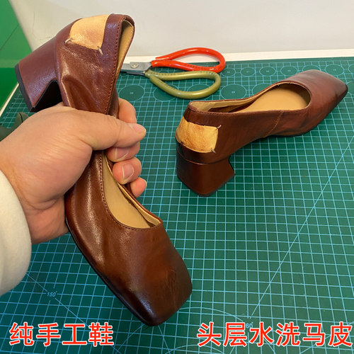 水洗马皮小众斜方头高跟单鞋女