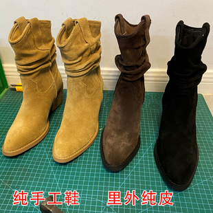 肖二哥 棕色磨砂真皮尖头西部牛仔靴废土风v口堆堆靴粗跟高跟短靴
