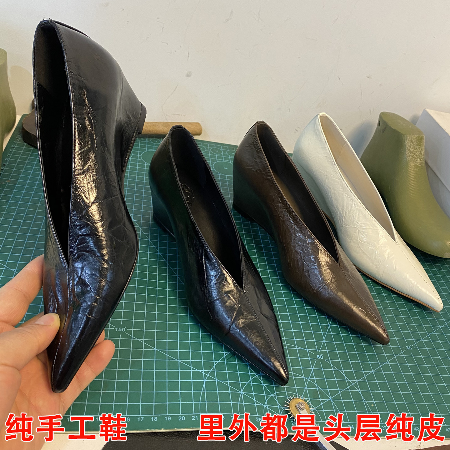 纯手工真皮老钱风尖头内增高单鞋图片
