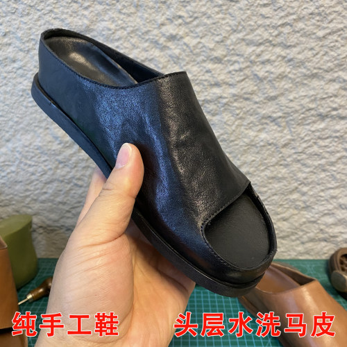 手工头层水洗马皮老钱风穆勒鞋