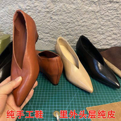 水洗牛皮手工内增高尖头奶奶鞋