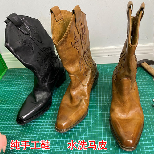 手工水洗马皮复古刺绣擦色尖头