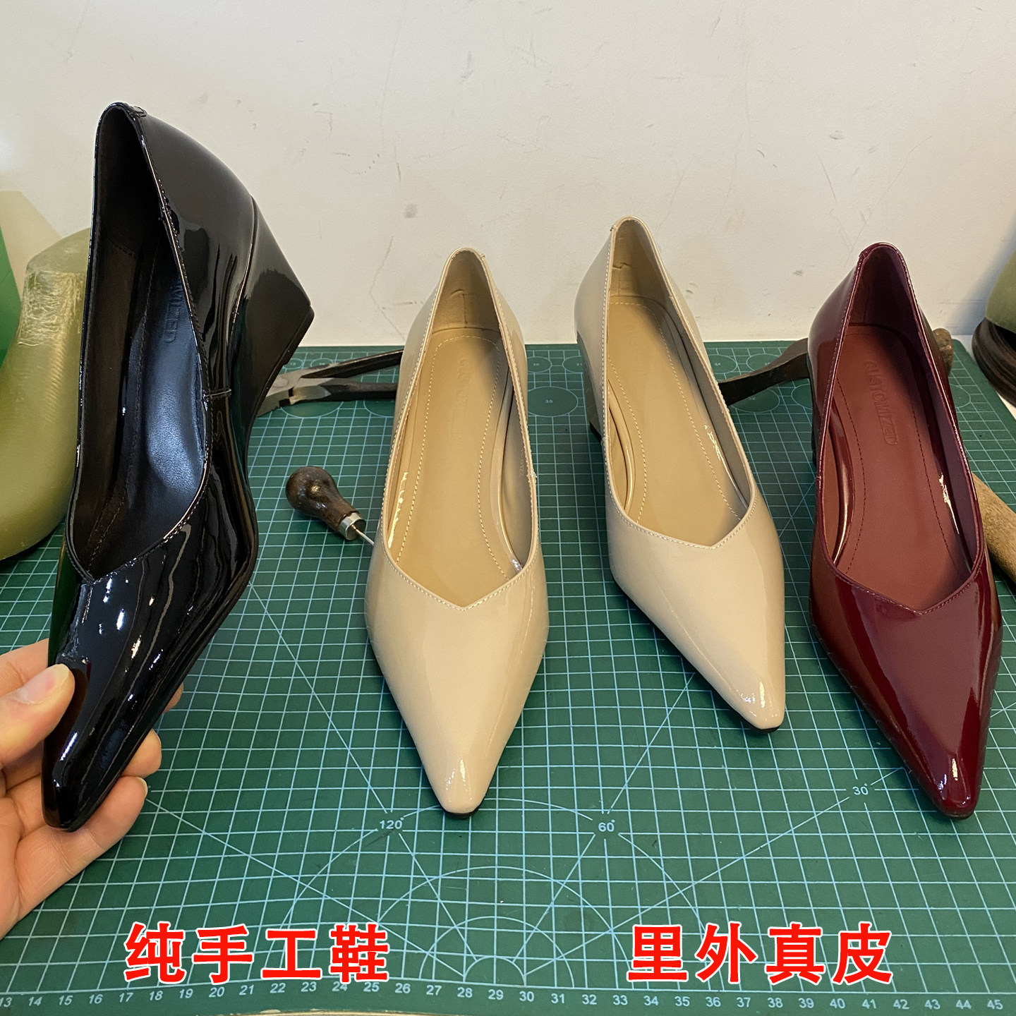 手工牛漆皮尖头气质坡跟法式浅口真皮女鞋一脚蹬简约通勤高跟单鞋