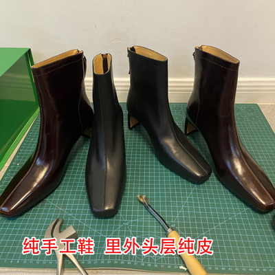 手工纯皮小方头马丁靴