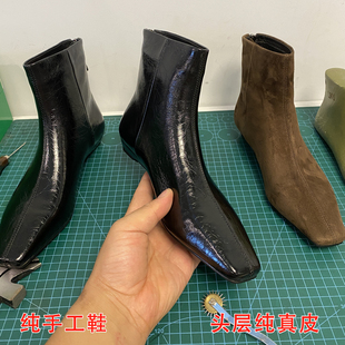 手工真皮法式羊翻皮小方头短靴小坡跟踝靴后拉链粽色切尔西瘦瘦靴
