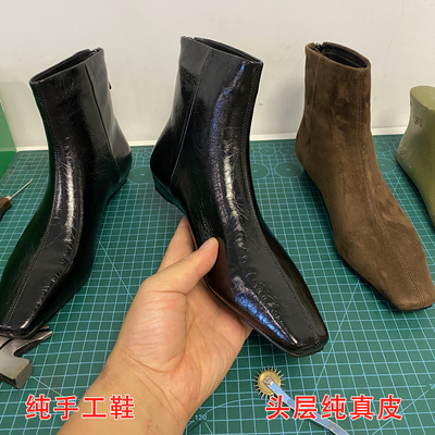 手工真皮法式羊翻皮小方头短靴