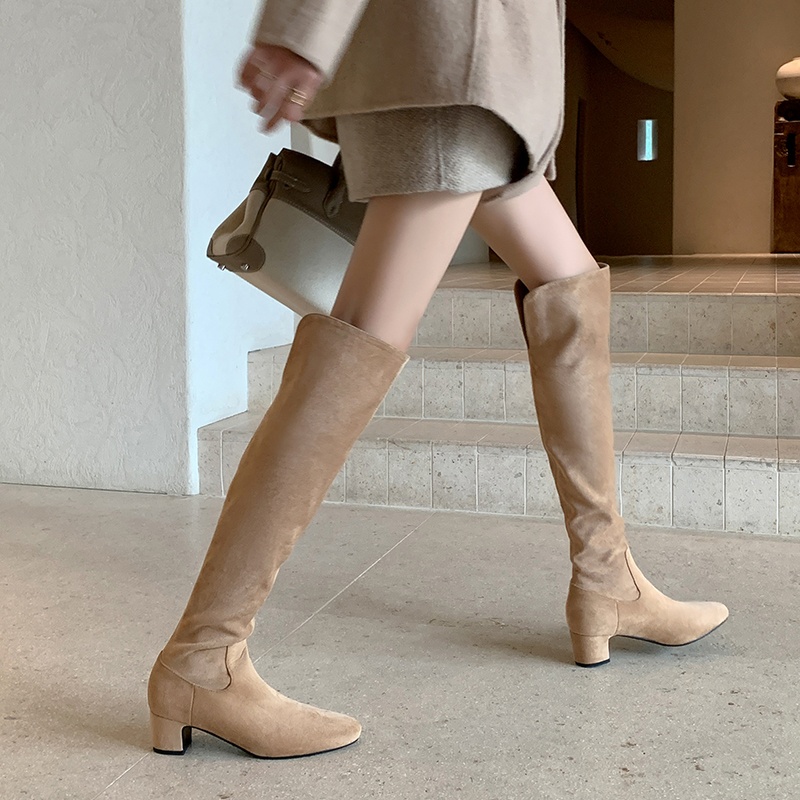 圆头粗跟过膝弹力靴复古长筒靴