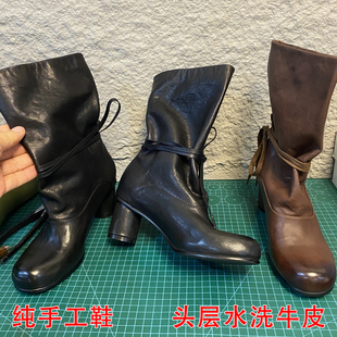 手工真皮复古圆头绑带褶皱堆堆靴女水洗牛皮粗高跟中筒短靴西部靴
