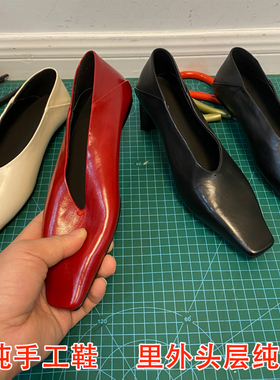 手工纯皮欧洲站真皮平底乐福鞋一脚蹬方头复古v口奶奶小皮鞋春夏