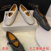 渔网鞋 美德拉中古铆钉水钻一字扣带芭蕾舞鞋 女满钻镂空玛丽珍单鞋