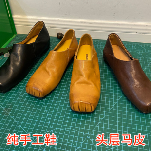 手工水洗马皮猪鼻子内增高4cm方头英伦风小皮鞋真皮褶皱深口单鞋
