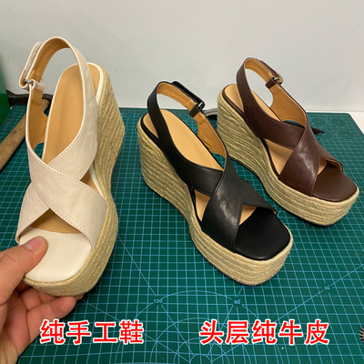 真皮草编厚底坡跟凉鞋女夏季