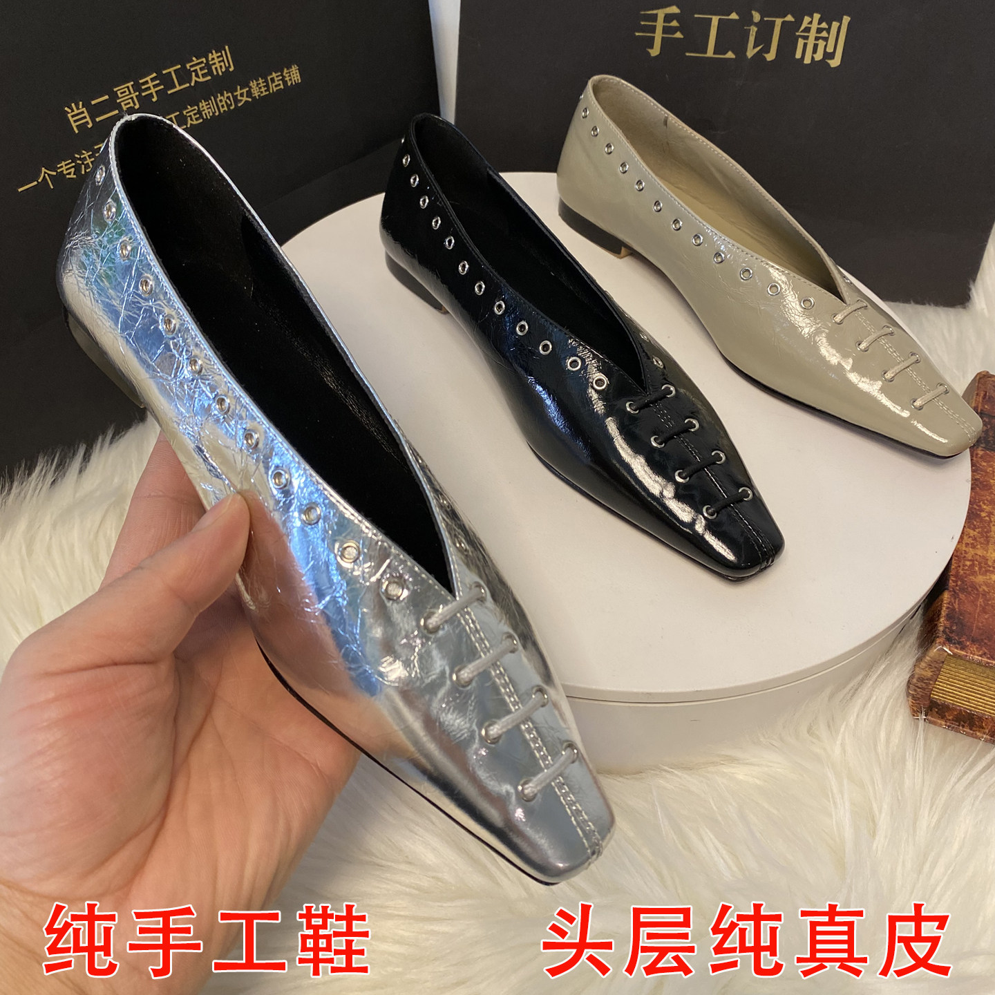 手工真皮时尚浅口单鞋牛皮低跟铆钉V口方头简约通勤一脚蹬平底鞋