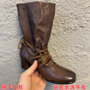 手工真皮时尚束带粗跟高跟中筒短靴女水洗牛皮褶宽筒西部皱堆堆靴