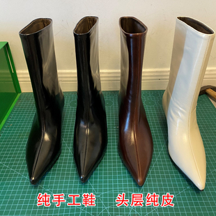 肖二哥真皮复古细跟短靴女春秋单靴小猫中跟尖头宽口中筒靴瘦瘦靴