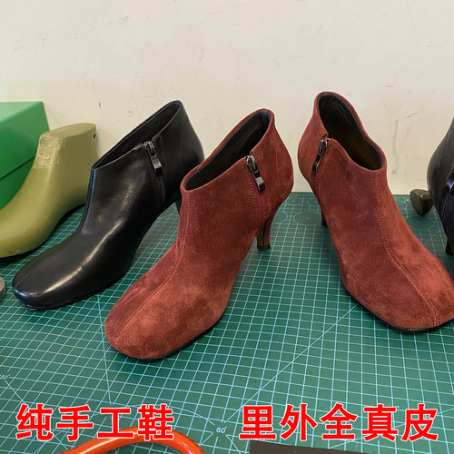 手工真皮反绒高跟细跟踝靴女