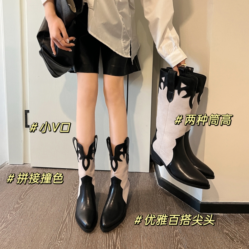 手工真皮黑白色尖头西部牛仔靴