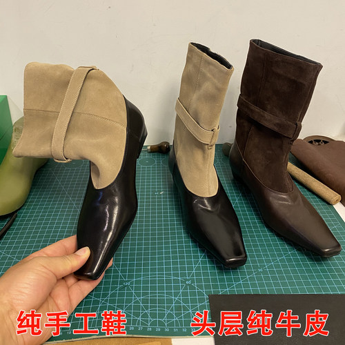 手工真皮复古方头显瘦骑士短靴