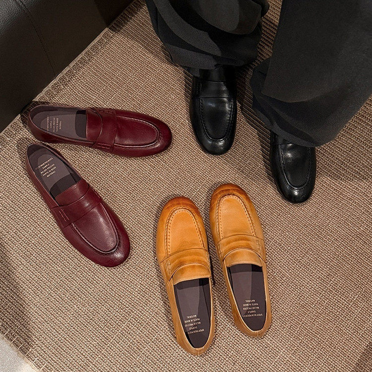 手工真皮圆头低跟舒适百搭深口单鞋女英伦风复古百搭一脚蹬小皮鞋,女鞋,深口单鞋,淘宝优惠券,粉丝福利购,淘宝优惠卷