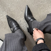 女春秋新款 韩版 法式 复古尖头真皮玛丽珍单鞋 异形跟粗跟乐福小皮鞋