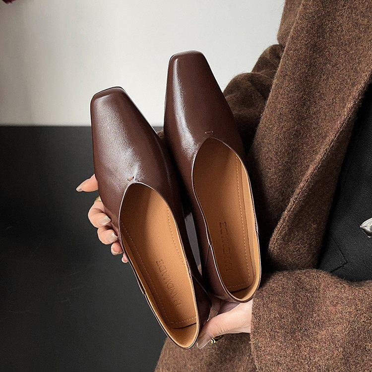 牛皮版~复古方头超软粗跟真皮单鞋女百搭外穿通勤V口浅口平底鞋,女鞋,浅口单鞋,淘宝优惠券,粉丝福利购,淘宝优惠卷