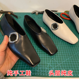 真皮设计感极简金属扣软面平底奶奶鞋法式内增高羊皮方头浅口单鞋
