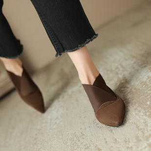 法式磨砂羊皮平地单鞋女2023秋冬款真皮尖头深口小皮鞋百搭奶奶鞋